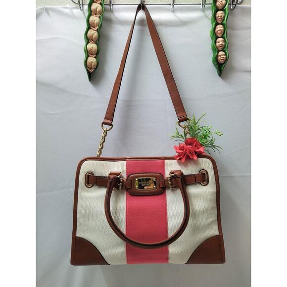 Michael Kors Hamilton Ivory Canvas Leather Trim Red Stripe Satchel Shoulder Bag - Picture 14 of 14
